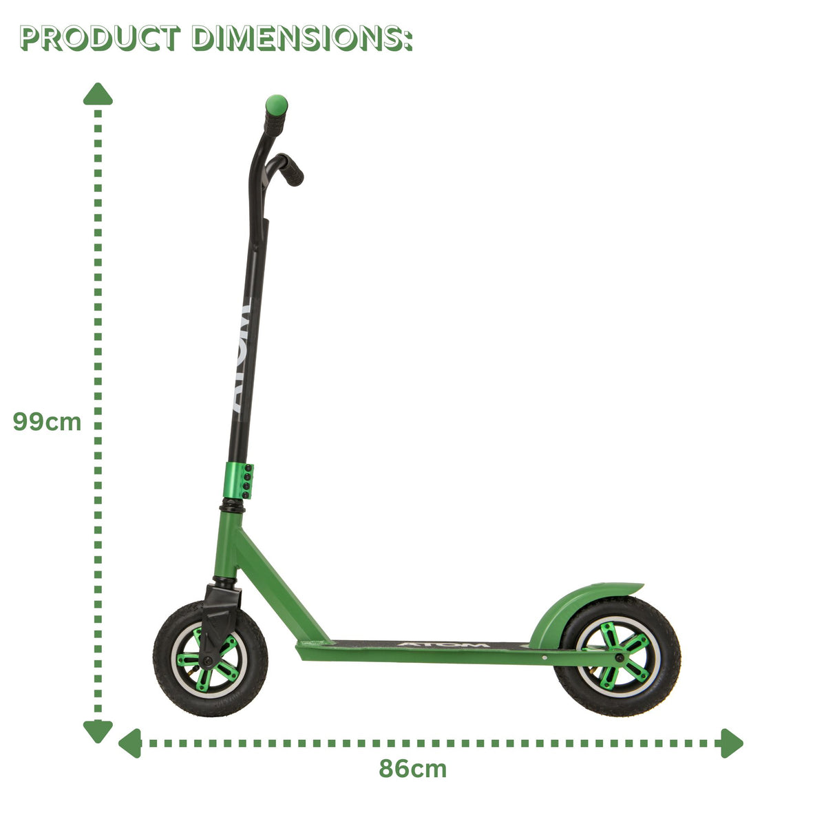 ATOM Dirt Rider Scooter in Green, durable off-road scooter designed for rugged terrains and adventurous rides