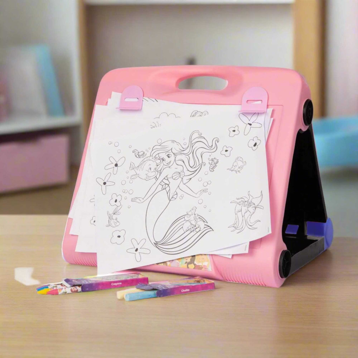 Disney Princess Art Easel featuring double-sided chalkboard and colouring pages with beloved Disney princess characters, and included art supplies for kids&#39; creative play and learning.