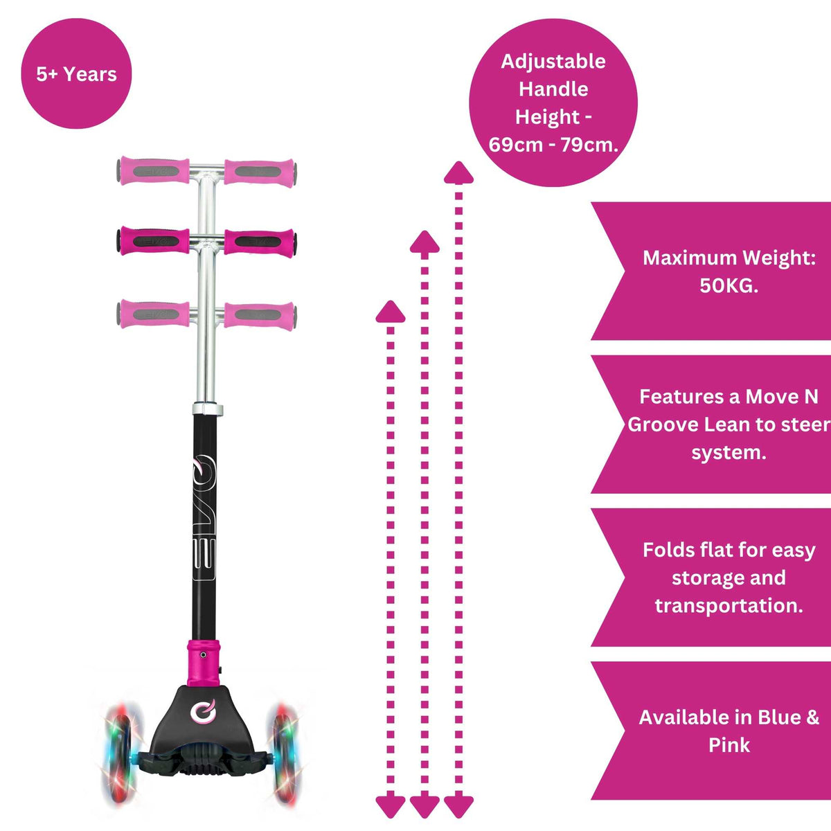 EVO Kids 3 Wheeled Scooter with light up wheels, featuring a sturdy design, bright colours, perfect for young riders.