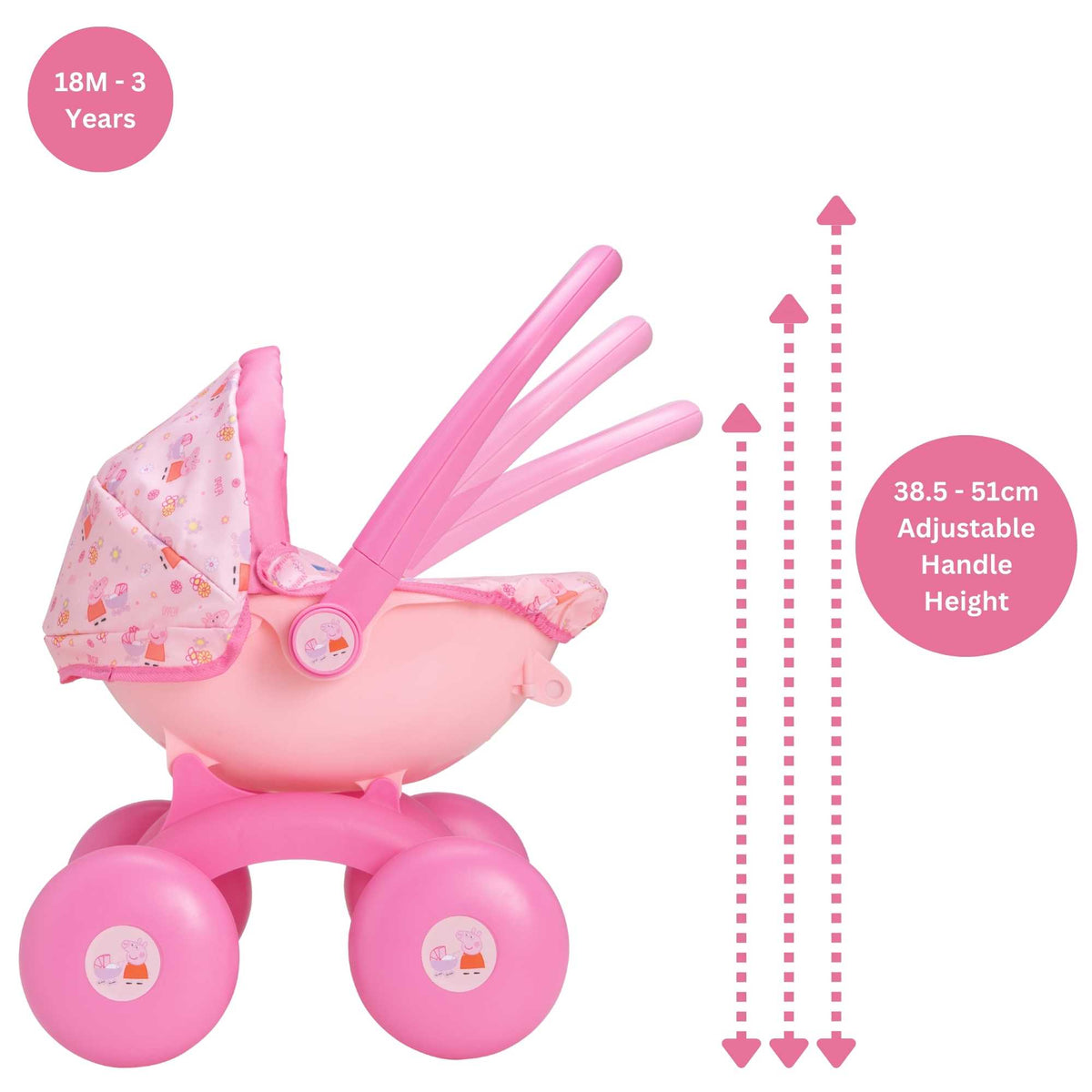 Peppa Pig 4-IN-1 My First Pram: A pink and white toy pram featuring Peppa Pig graphics, designed for toddlers with four versatile play modes, perfect for imaginative play and doll carrying.