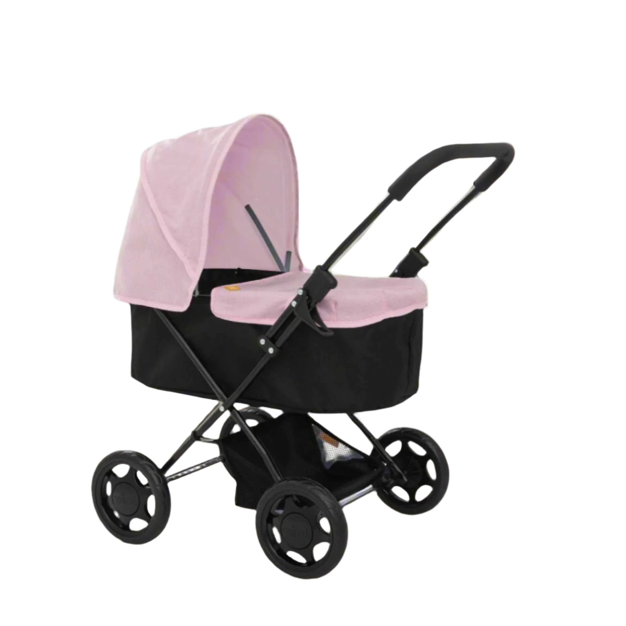 Joie Baby Dolls Pram in pink and black, featuring adjustable handle height, swivel wheels, and a spacious storage basket, designed for children to enjoy imaginative play with their dolls.