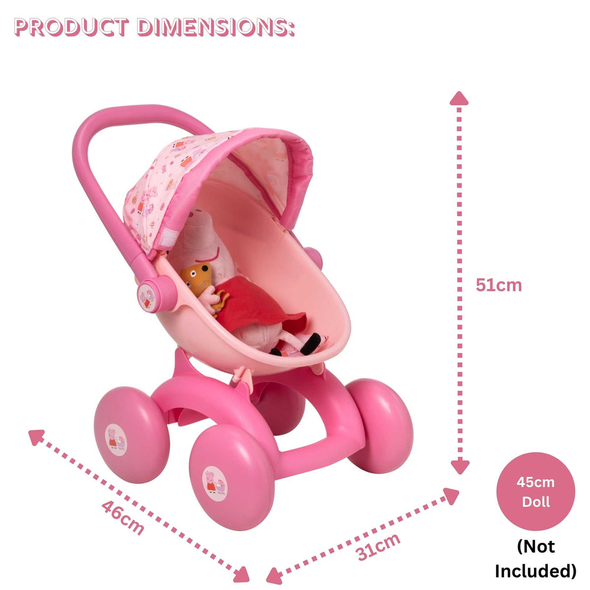 Peppa Pig 4-IN-1 My First Pram: A pink and white toy pram featuring Peppa Pig graphics, designed for toddlers with four versatile play modes, perfect for imaginative play and doll carrying.