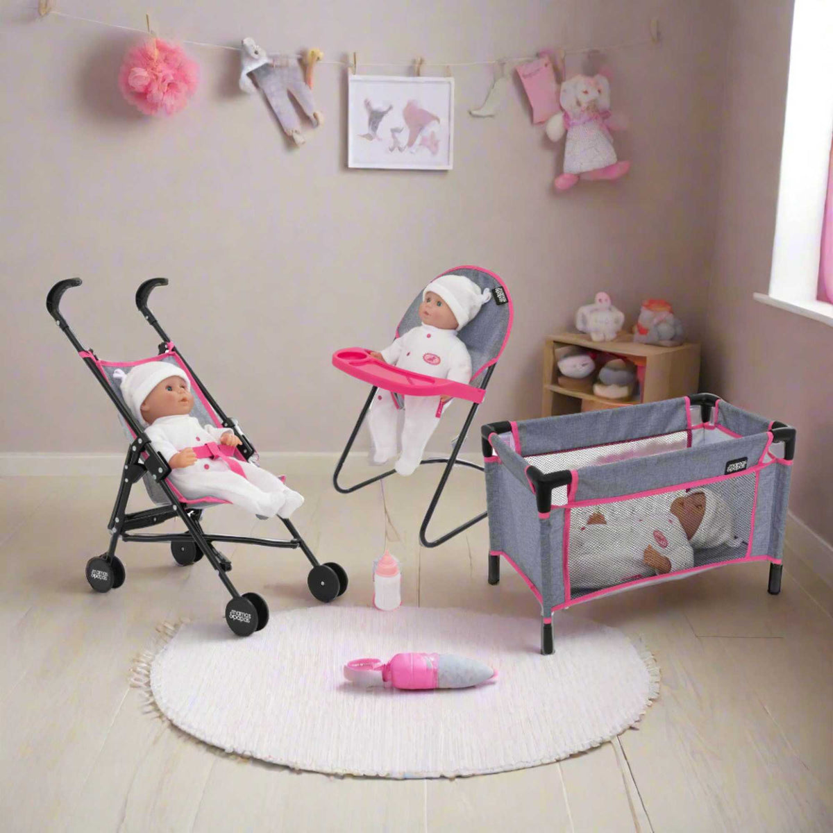 Mamas &amp; Papas Dolls Nursery Playset featuring a variety of accessories for imaginative play, including a crib, high chair, and accessories, perfect for nurturing pretend play with dolls.