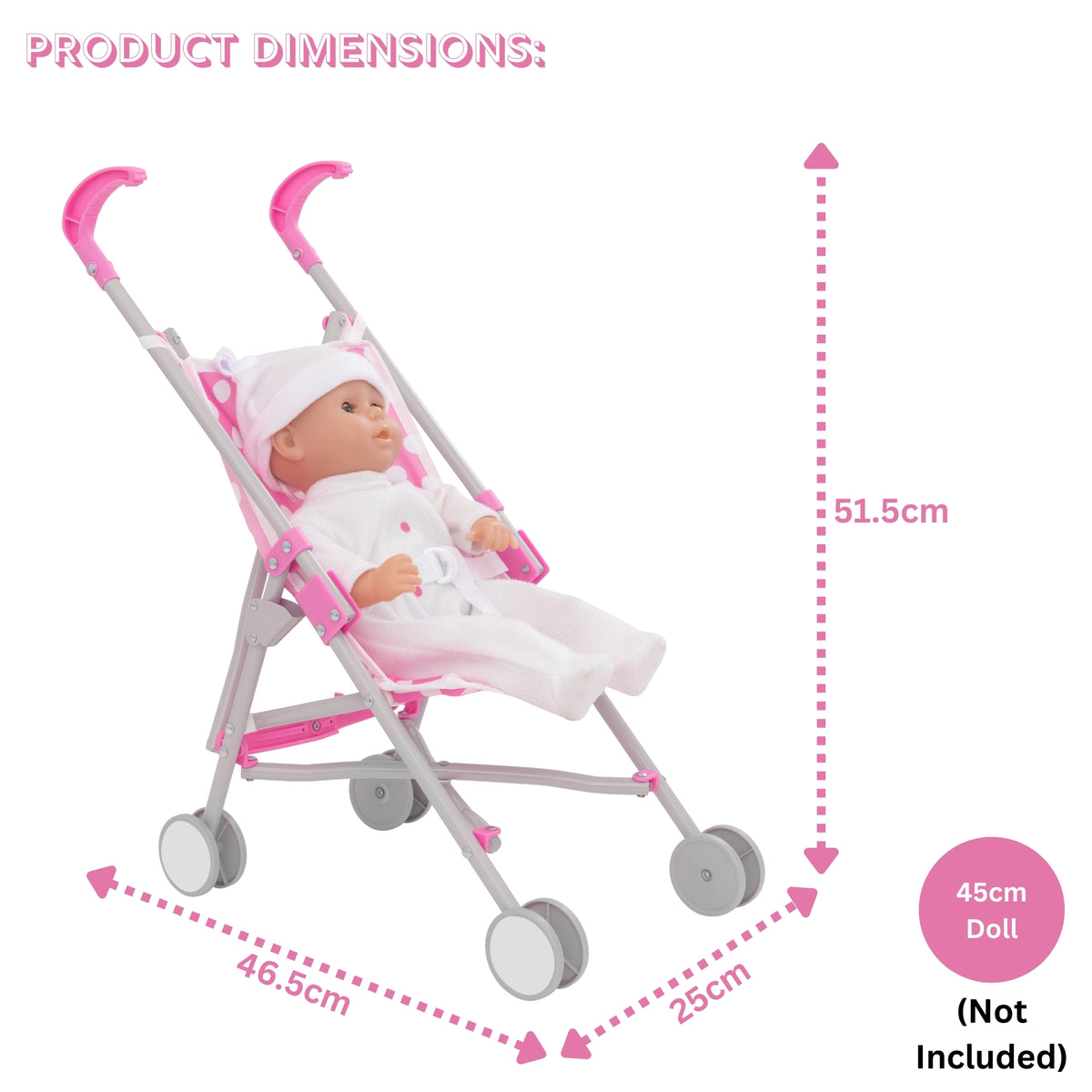 Dolly Tots Dolls Single Stroller - Lightweight and Easy-to-Use Toy Stroller for Dolls