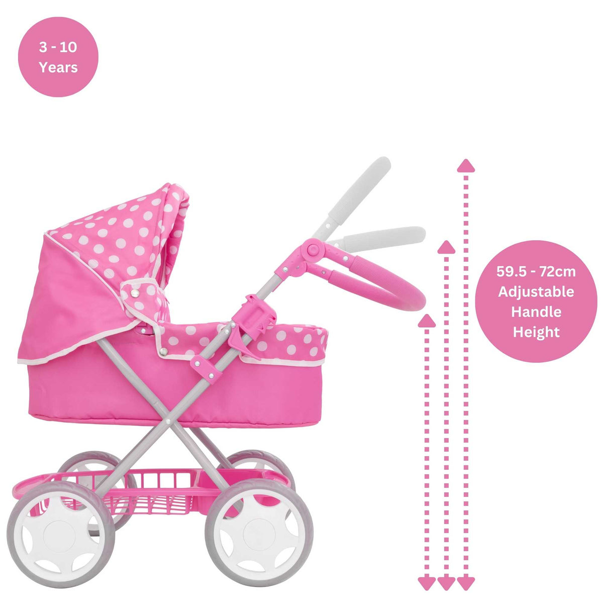 Dolly Tots Junior Dolls Pram - Stylish and Durable Toy Pram for Dolls with Adjustable Handle