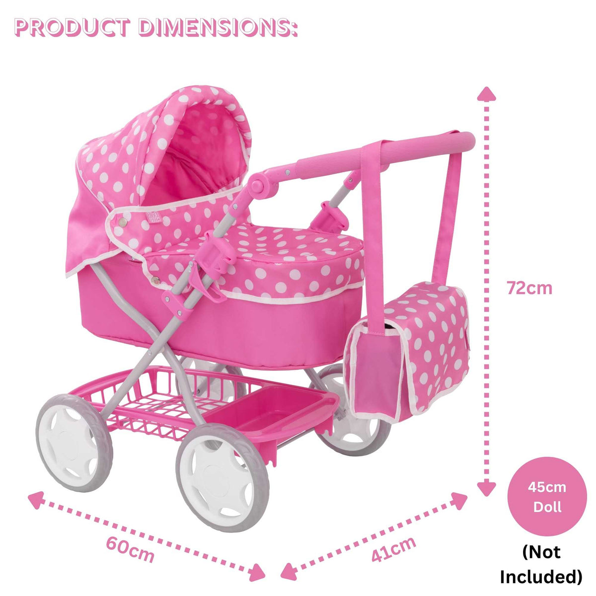 Dolly Tots Junior Dolls Pram - Stylish and Durable Toy Pram for Dolls with Adjustable Handle