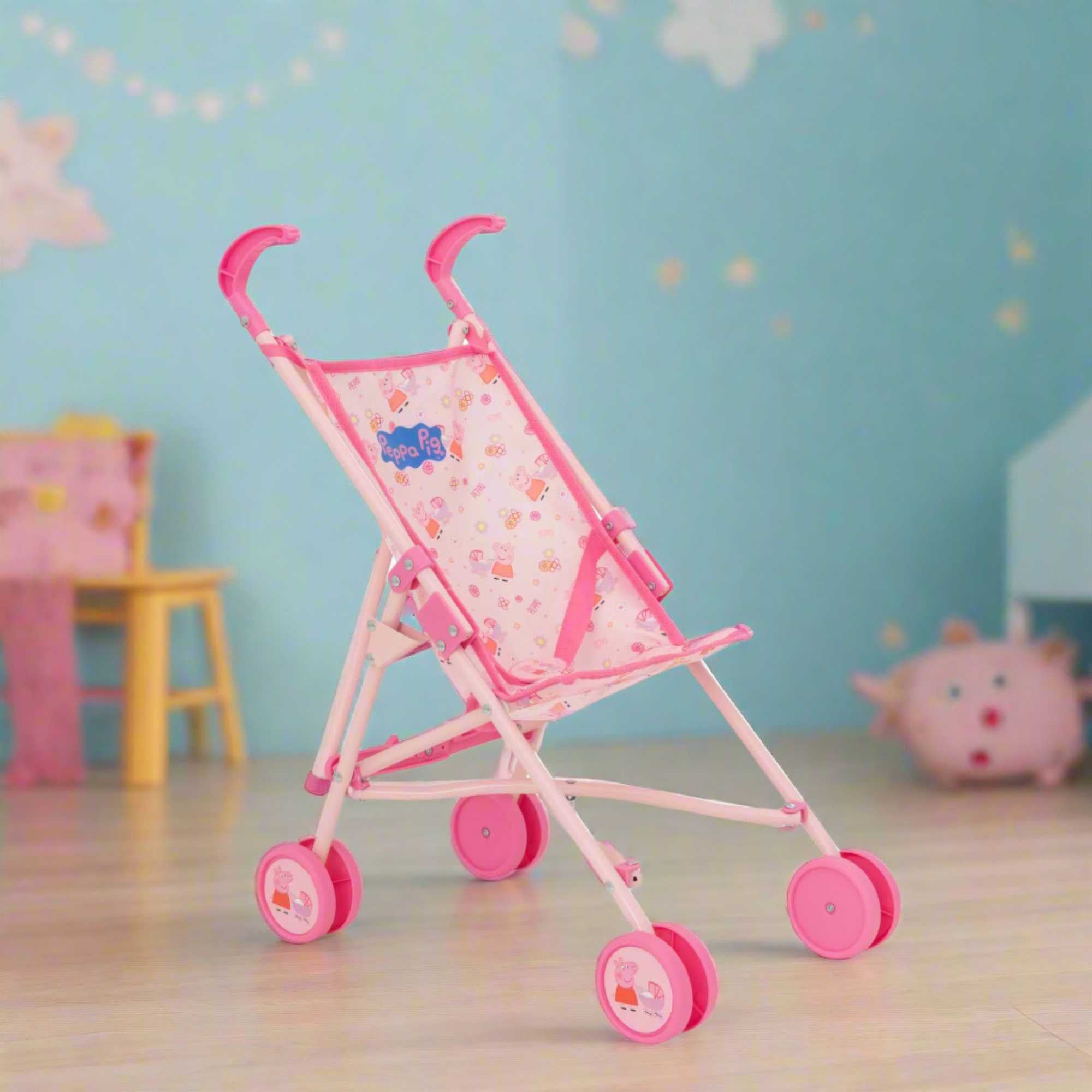 Peppa Pig Single Dolls Stroller, featuring a vibrant design with Peppa Pig-themed accents, ideal for children's imaginative play with their favourite dolls