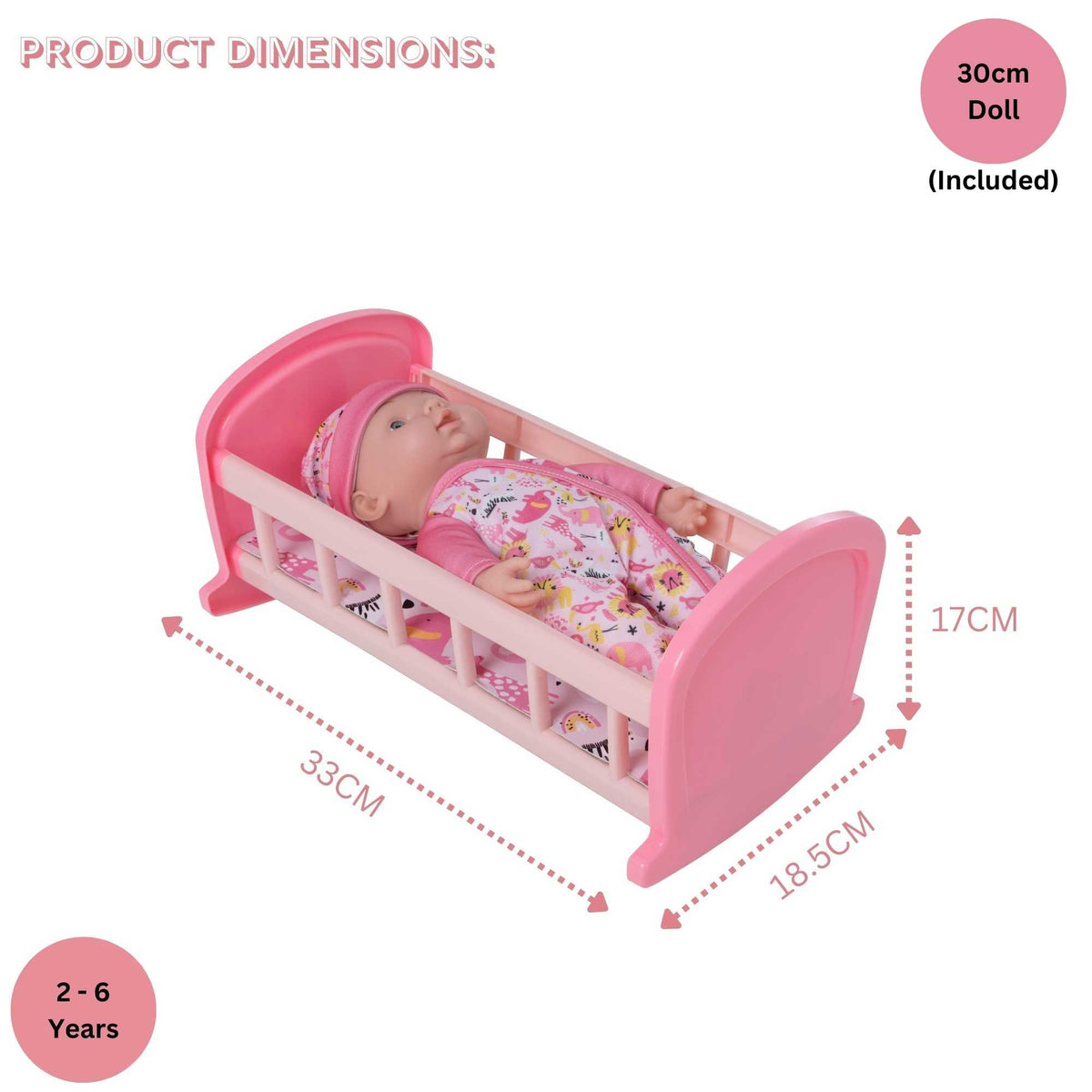 Complete with included doll, this charming cot offers a cozy resting place for dolls, fostering imaginative play and nurturing skills in children