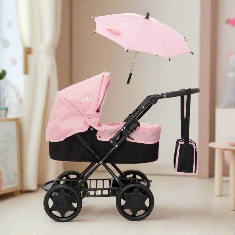 Joie Junior Classic Pram in pink and black, featuring a vintage design, includes a handheld parasol and a matching changing bag, perfect for children to enjoy sophisticated doll play and outings.