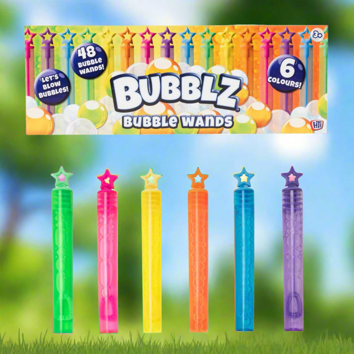 Bubblz 48 Pack of Bubble Wands: Includes vibrant bubble wands and bubble solution, perfect for outdoor play, parties, and group activities, designed for children and safe for all ages.