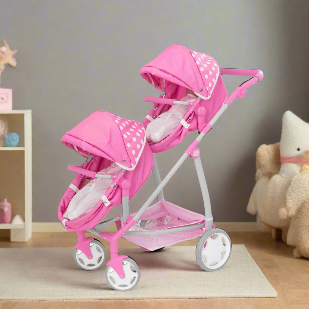 Dolly Tots Twin Dolls Pram - Spacious and Sturdy Toy Pram for Twin Dolls with Adjustable Handle