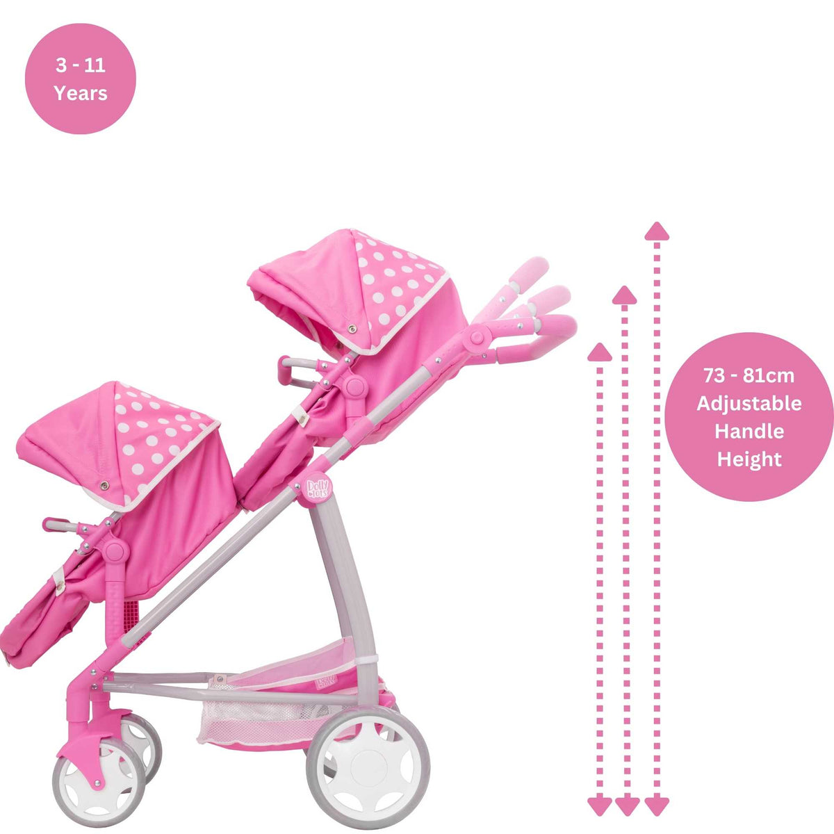 Dolly Tots Twin Dolls Pram - Spacious and Sturdy Toy Pram for Twin Dolls with Adjustable Handle