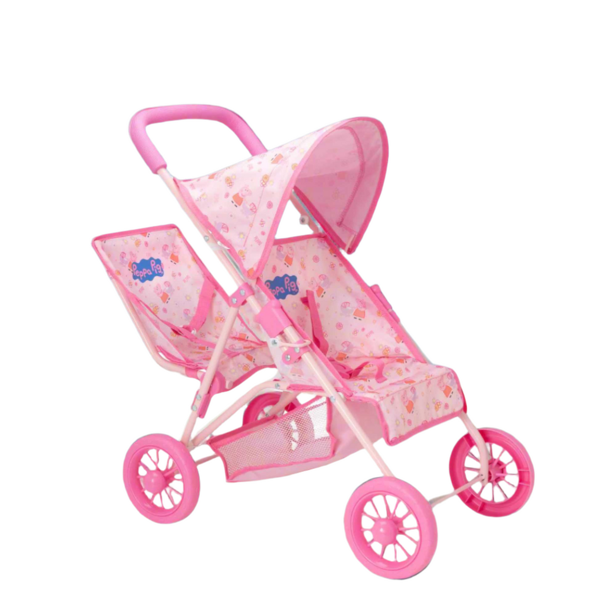 Peppa Pig Tandem Twin Doll Stroller: A pink double stroller with Peppa Pig graphics, designed for carrying two dolls side by side, ideal for toddlers and imaginative play.
