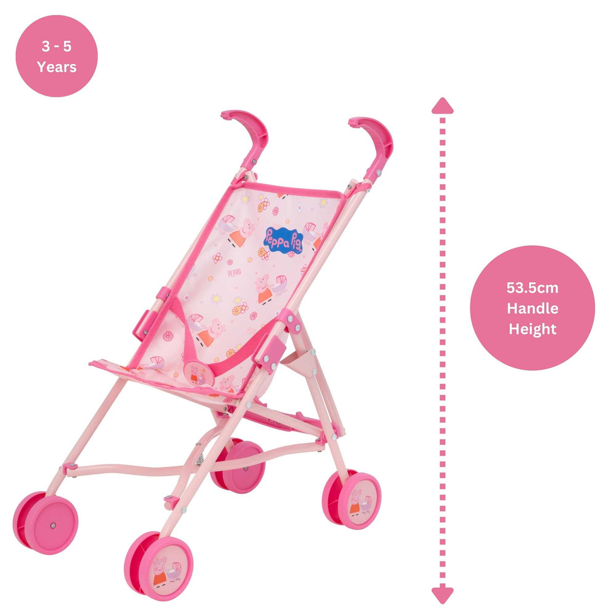 Peppa Pig Single Dolls Stroller, featuring a vibrant design with Peppa Pig-themed accents, ideal for children&#39;s imaginative play with their favourite dolls