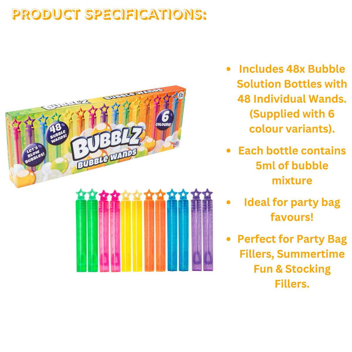 Bubblz 48 Pack of Bubble Wands: Includes vibrant bubble wands and bubble solution, perfect for outdoor play, parties, and group activities, designed for children and safe for all ages.