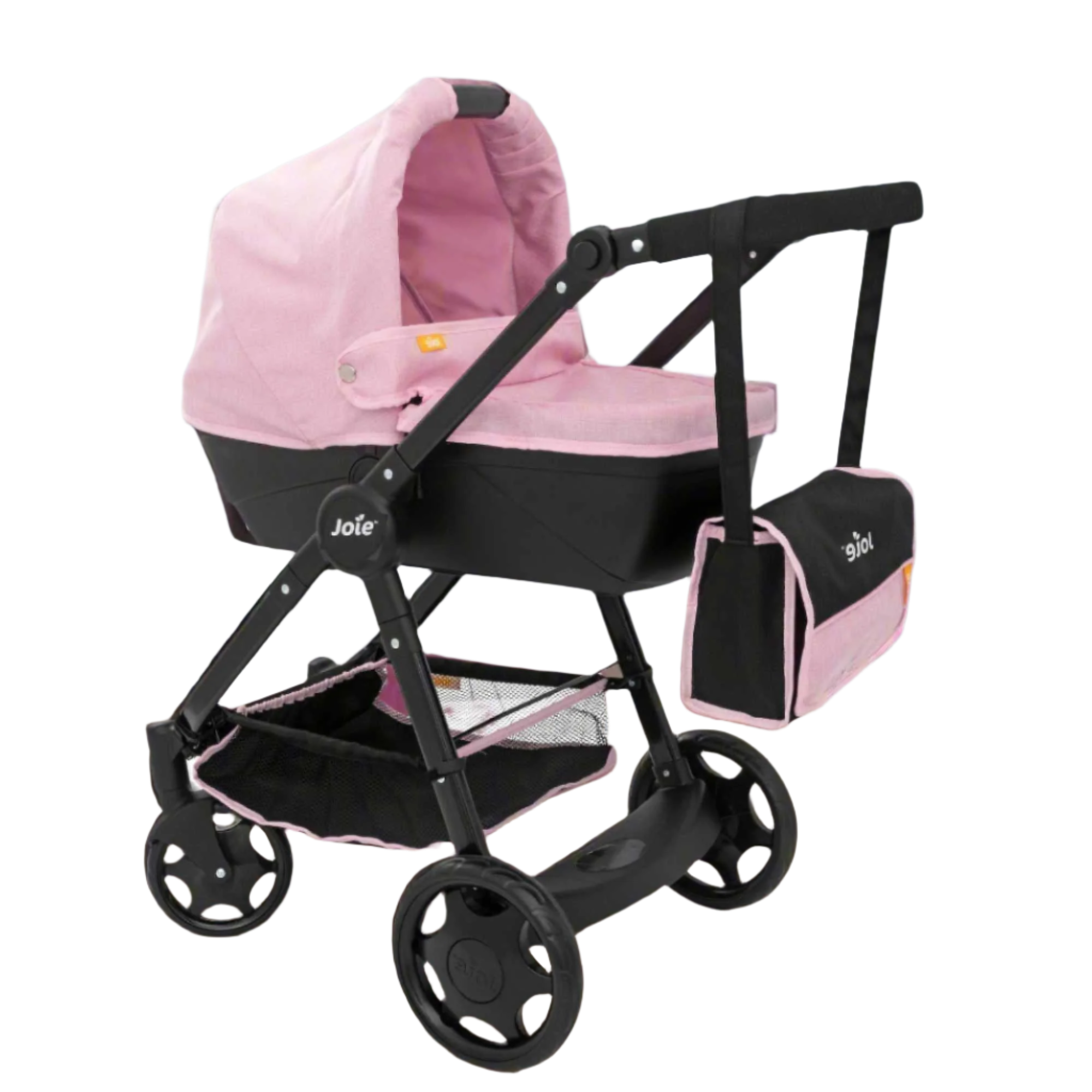 Joie Mytrax Dolls Pram in pink and black, featuring a realistic design with adjustable handle height, swivel wheels, and a large storage basket, ideal for children to take their dolls on walks and play pretend.