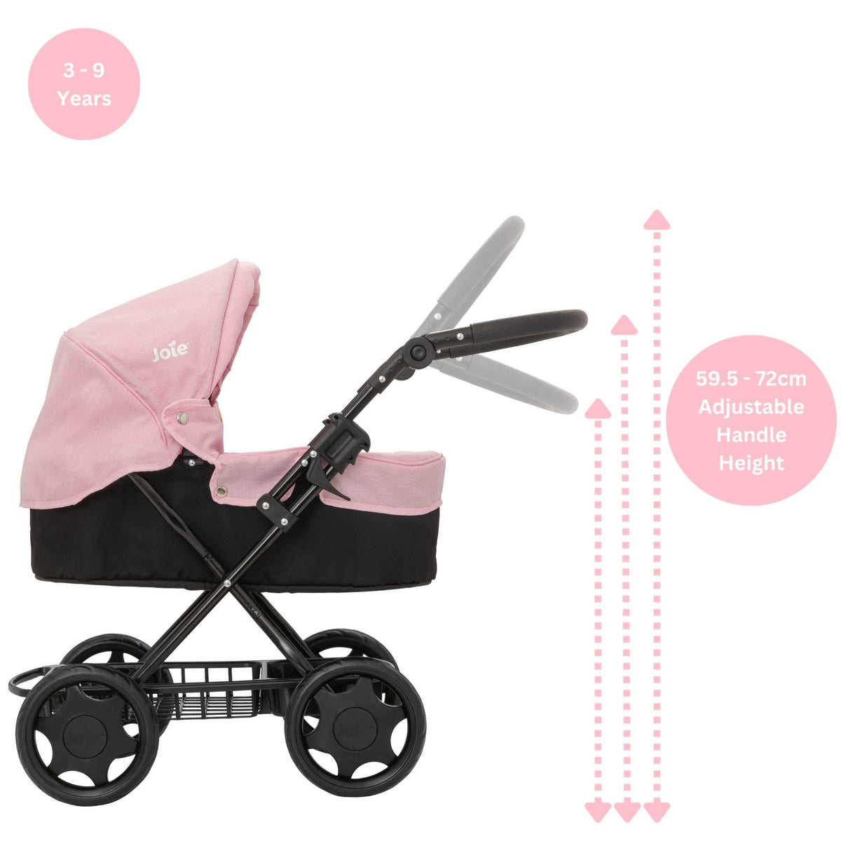 Joie Junior Classic Pram in pink and black, featuring a vintage design, includes a handheld parasol and a matching changing bag, perfect for children to enjoy sophisticated doll play and outings.