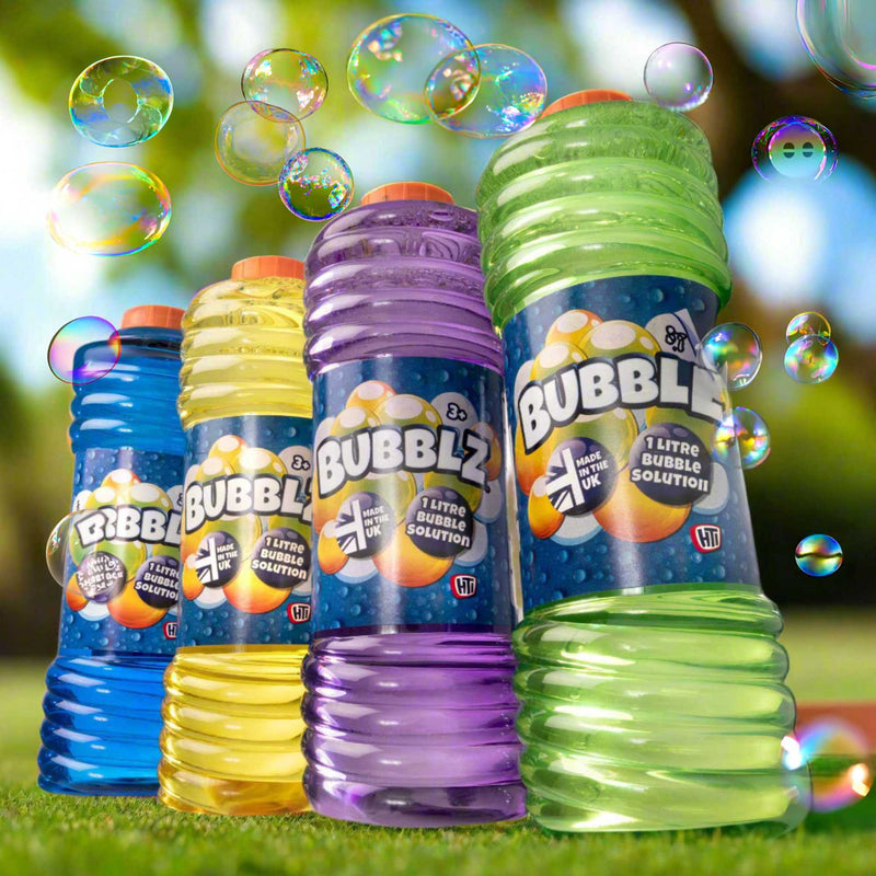 Bubblz 1 Litre Bubble Solution bottle with colorful label, perfect for creating long-lasting, large bubbles for kids and outdoor fun.