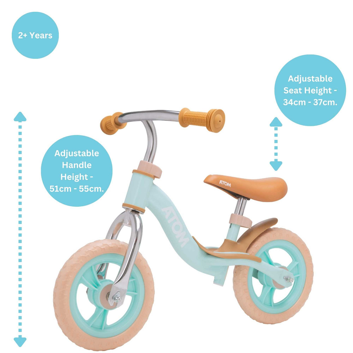 ATOM 10-inch Glider Bike in Mint Green, lightweight kids&#39; balance bicycle with adjustable seat and handlebars