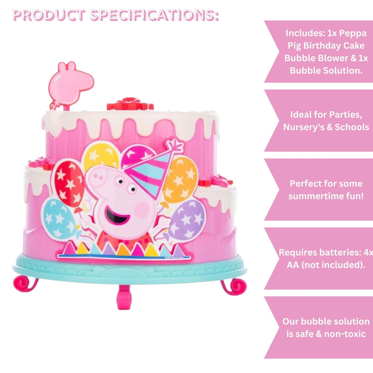 Peppa Pig Birthday Cake Bubble Machine featuring fun cake design, blowing bubbles for kids&#39; parties, playdates, and outdoor activities, perfect for Peppa Pig fans.