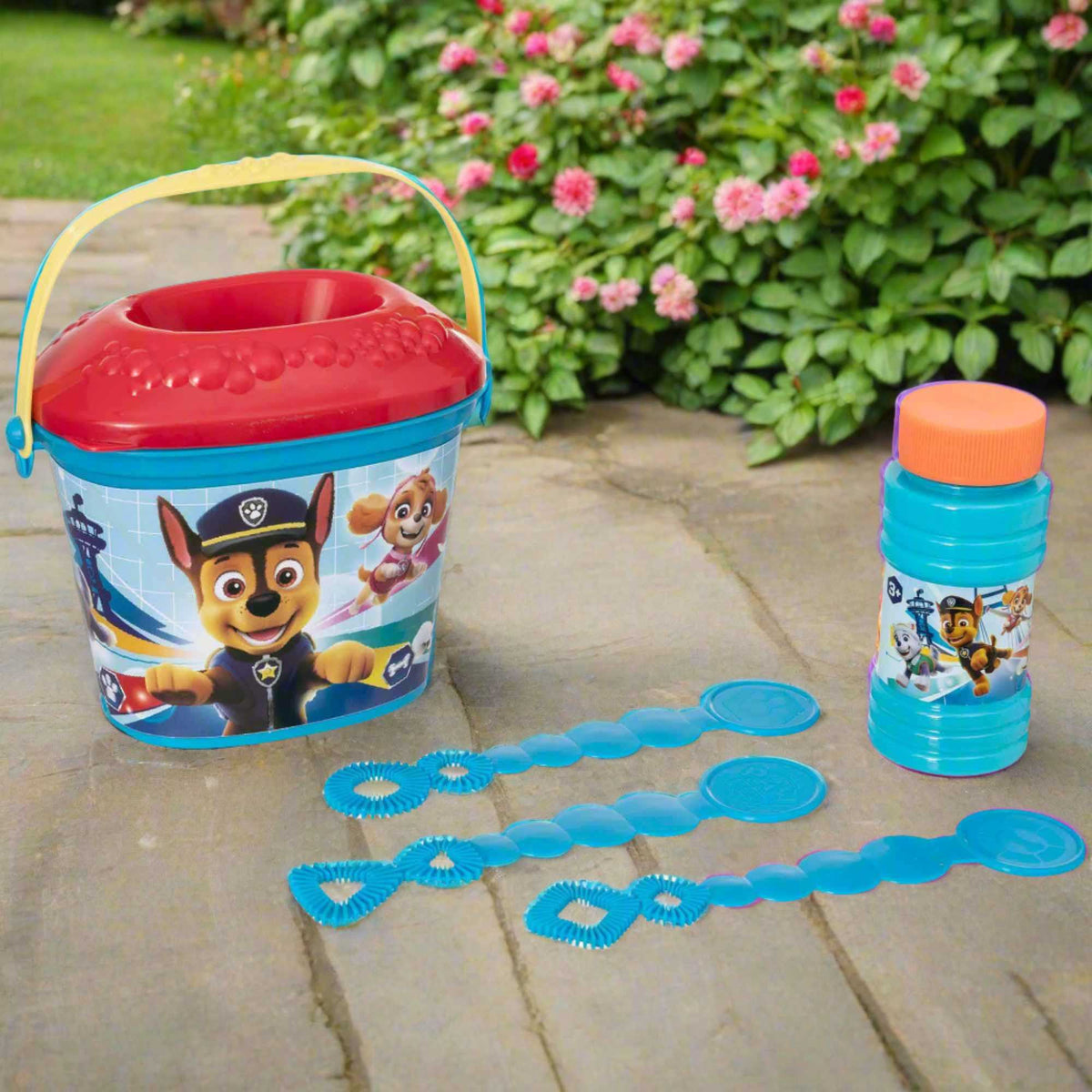 Paw Patrol Bubble Bundle featuring a bubble gun, bubble wands, and bubble solution - perfect for kids&#39; outdoor fun and playtime adventures!