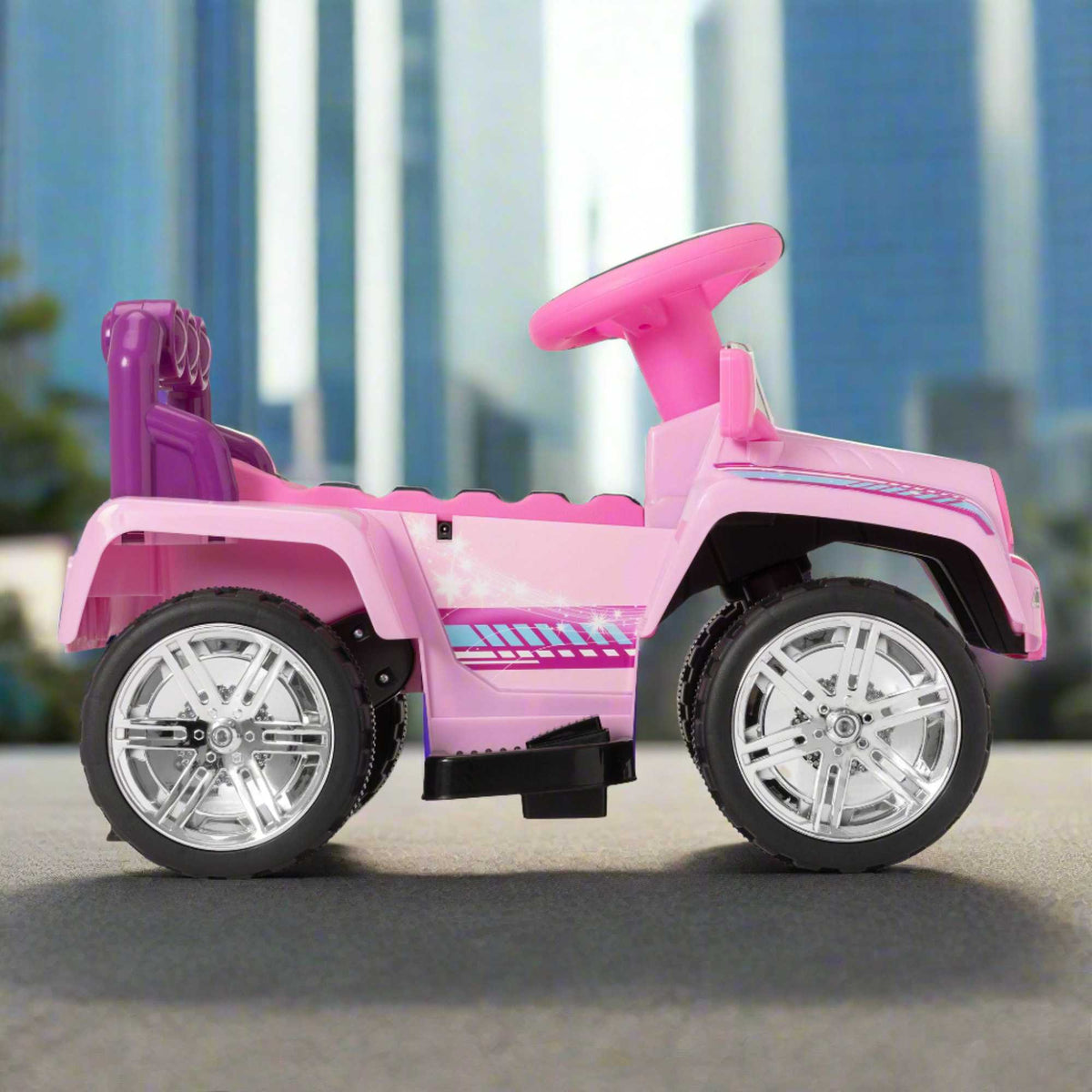 Pink EVO Shimmer 4x4 Ride-On Truck for kids ages 3 and up, featuring realistic design, durable construction, and all-terrain wheels for outdoor adventures.