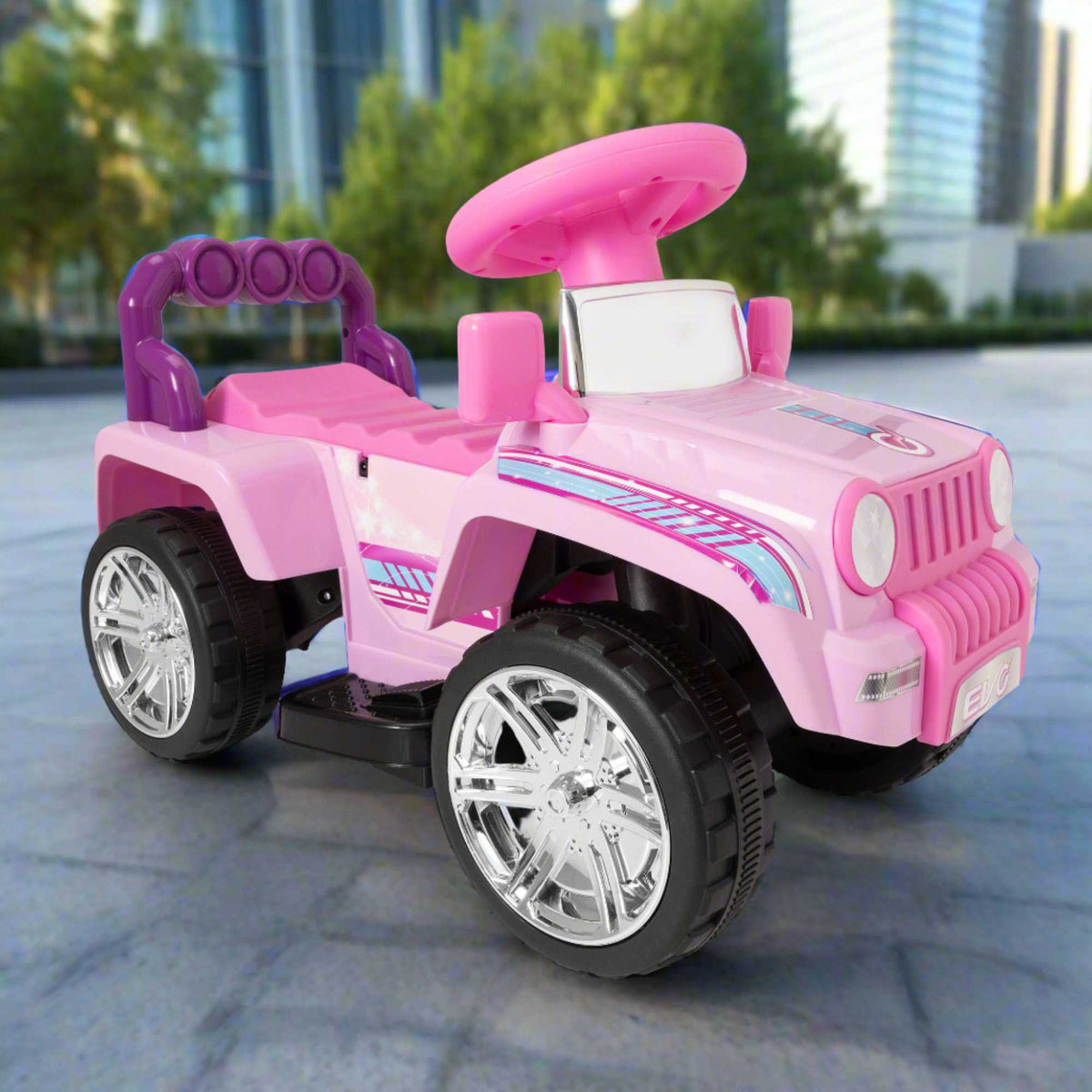 Pink EVO Shimmer 4x4 Ride-On Truck for kids ages 3 and up, featuring realistic design, durable construction, and all-terrain wheels for outdoor adventures.