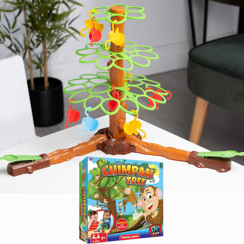 Strategic Chimpan Tree Game, a portable board game for kids and families. Features monkey-jumping action to promote strategic thinking and fine motor skills, perfect for parties, game nights, camping, or holidays.