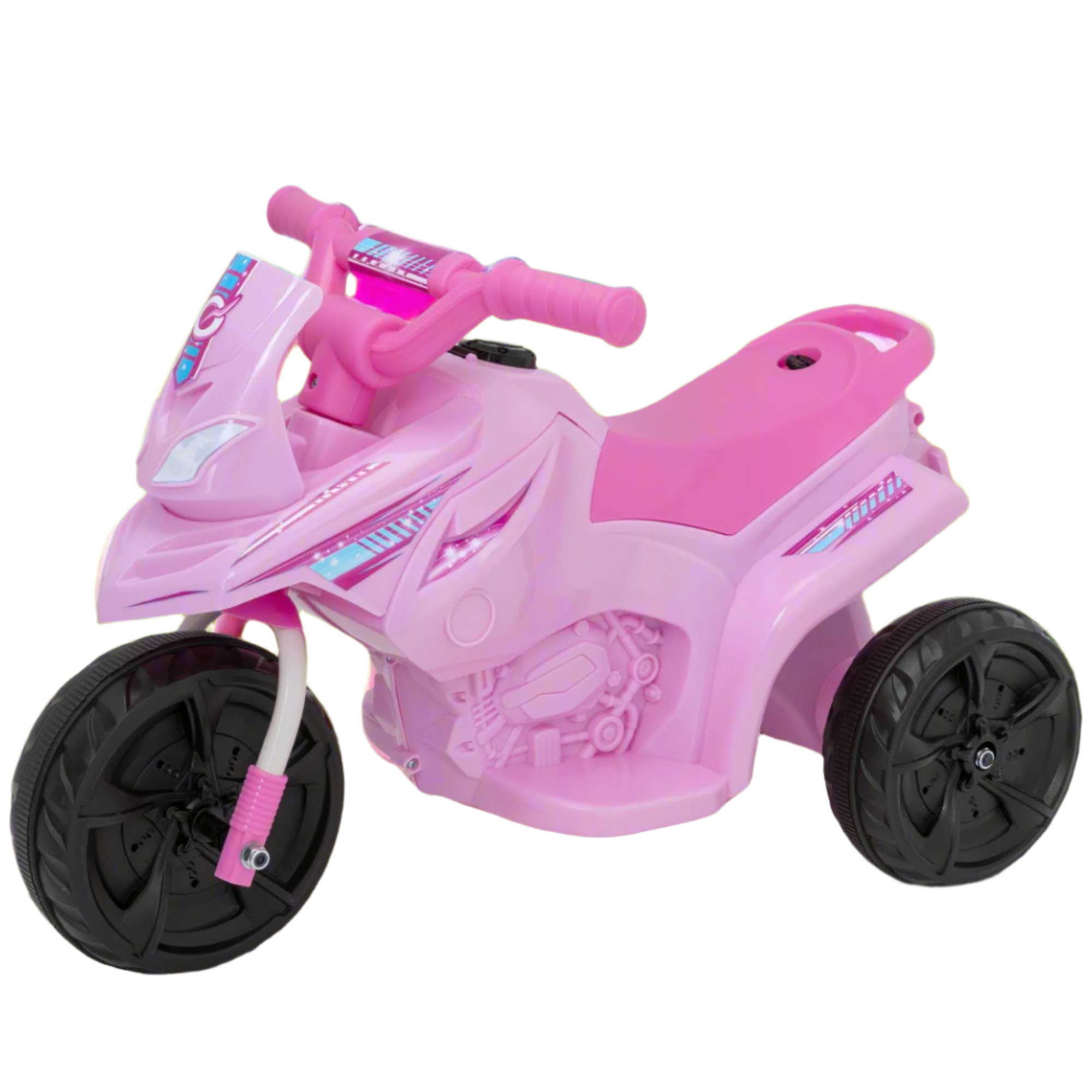 Electric pink EVO Shimmer Trike Ride-On for 2-year-olds, featuring a stable three-wheel design, ergonomic seat, and push-button acceleration for safe and exciting outdoor adventures.