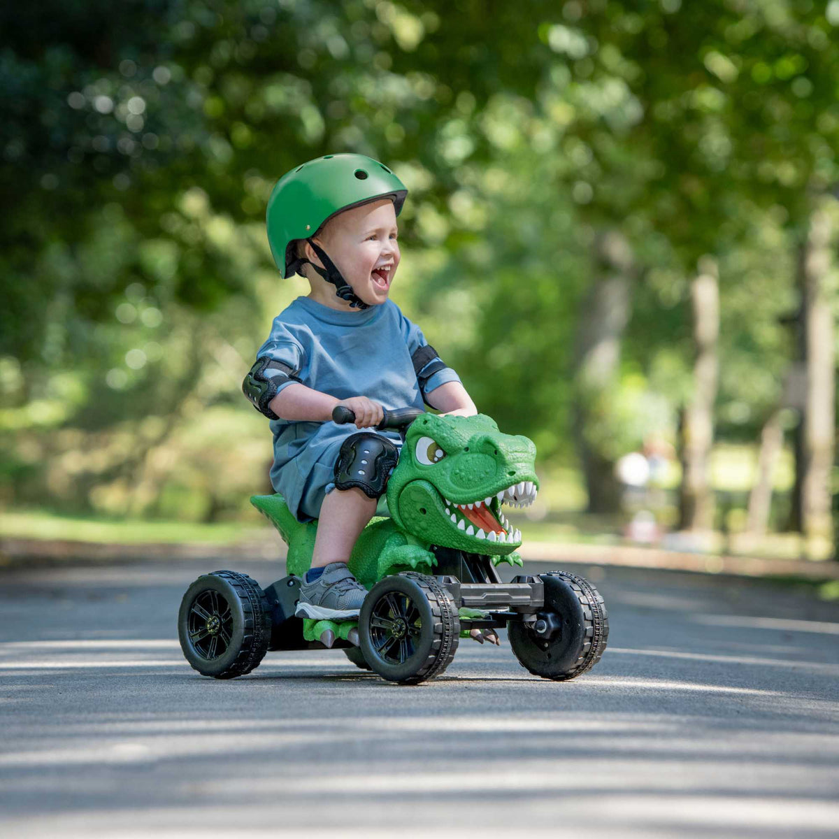 ATOM Dino Quad Battery Operated Ride-On Toy for kids, featuring a dinosaur-themed design, four rugged wheels, and easy-to-use controls, perfect for adventurous outdoor play.