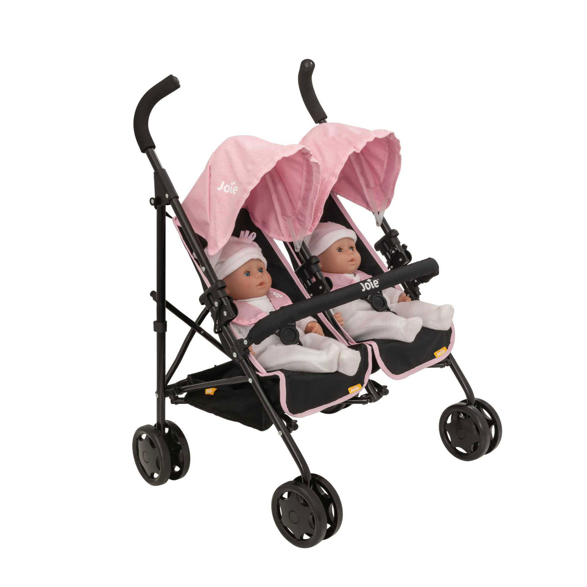 Joie Aire Twin Dolls Stroller in pink and black, designed with side-by-side seating for two dolls, adjustable handle height, swivel wheels, and a large storage basket, ideal for children to enjoy twin doll outings.