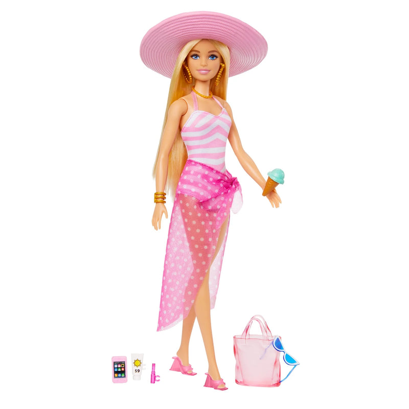 Blonde Barbie Doll with Swimsuit and Beach-Themed Accessories