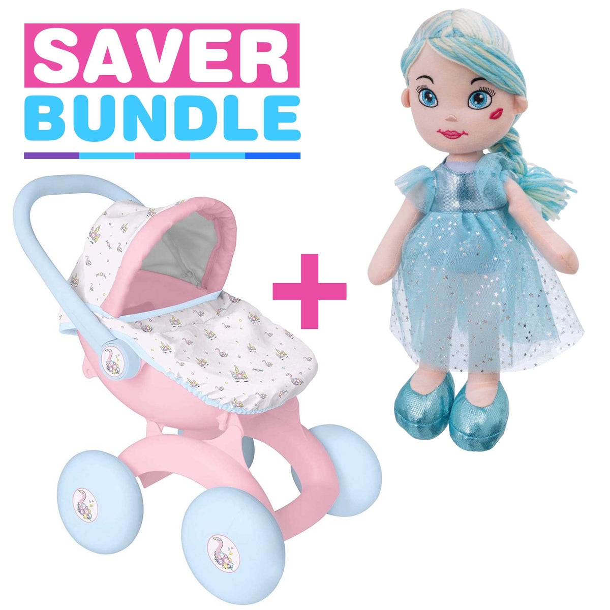 BabyBoo My First 4-IN-1 Dolls Pram + Rosie Rag Doll - Blue Bundle Prams