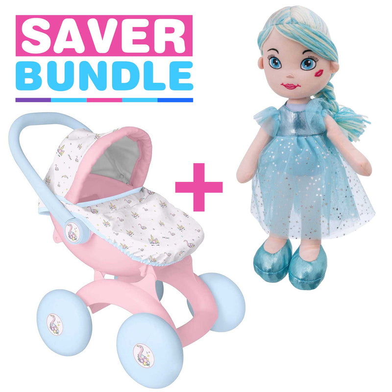 BabyBoo My First 4-IN-1 Dolls Pram + Rosie Rag Doll - Blue Bundle Prams