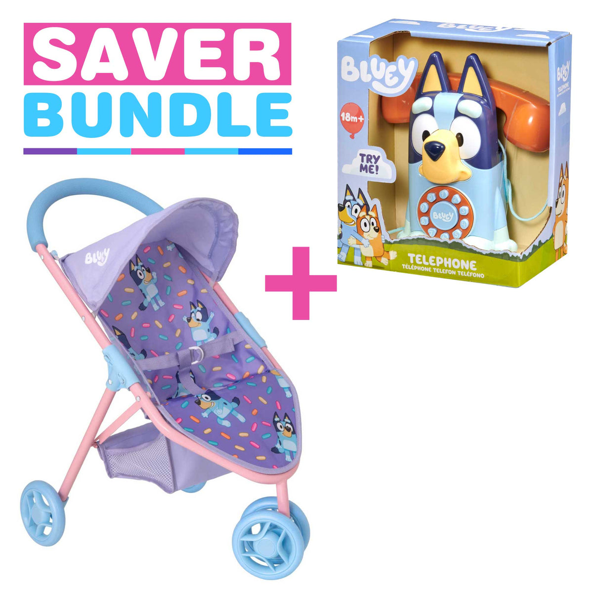 Bluey Jogger Dolls Pram + Bluey Interactive Telephone Bundle