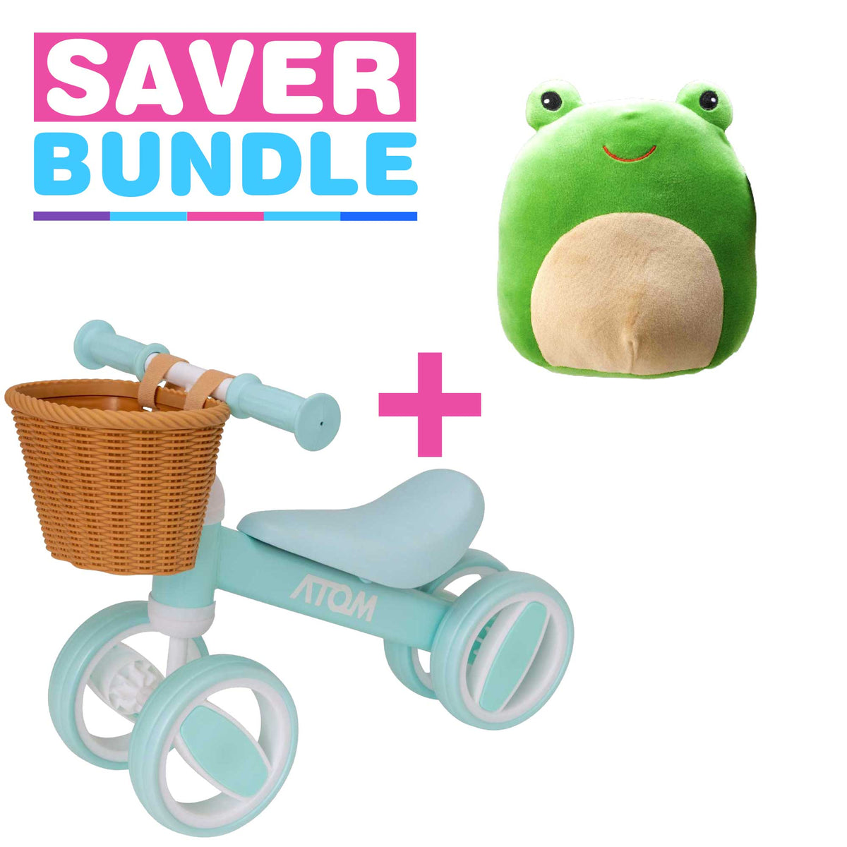 Atom Bobble Bike With Basket - Mint Green + Squish Meez Cloudeez 9&#39; Plush Toy | Hopper Bundle Balance Bike