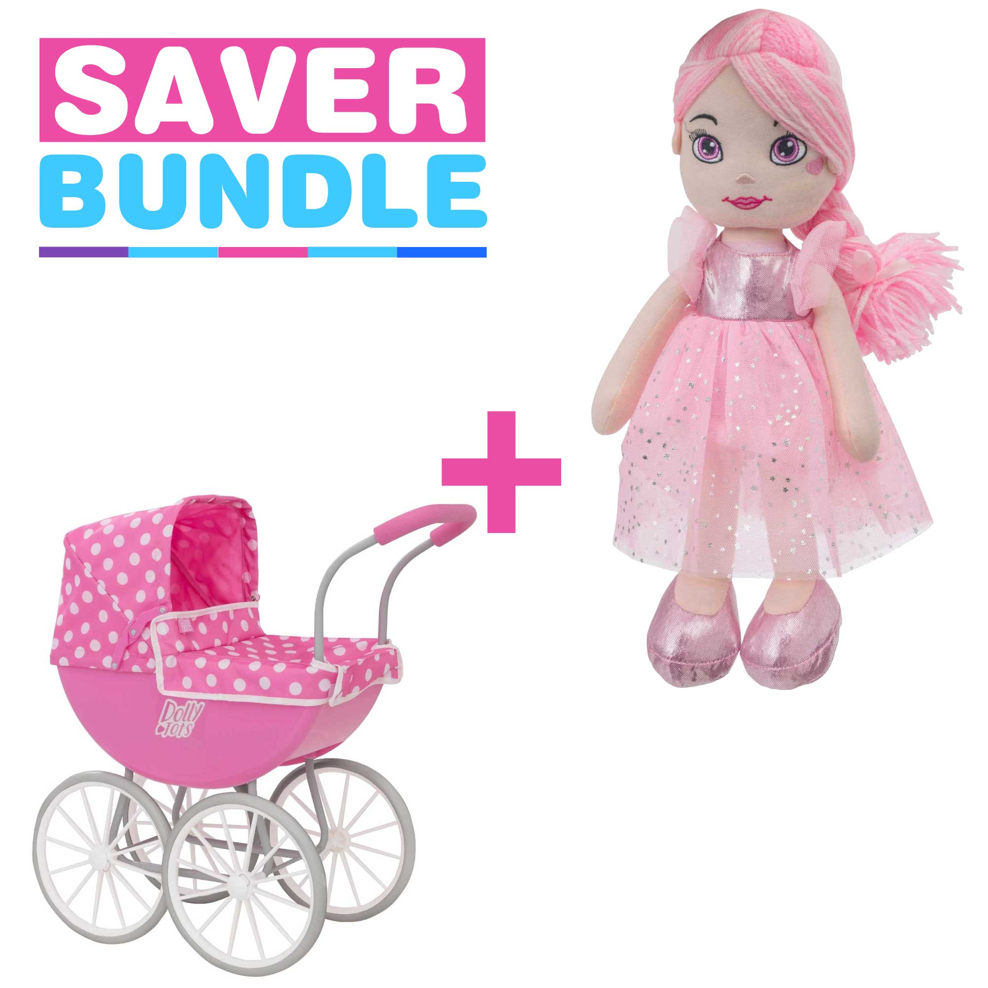 Dolly Tots My First Carriage Dolls Pram + Pink Rosie Rag Doll Bundle Prams