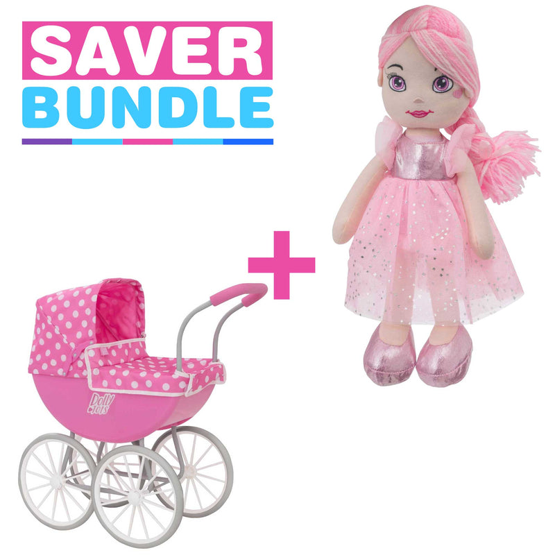 Dolly Tots My First Carriage Dolls Pram + Pink Rosie Rag Doll Bundle Prams