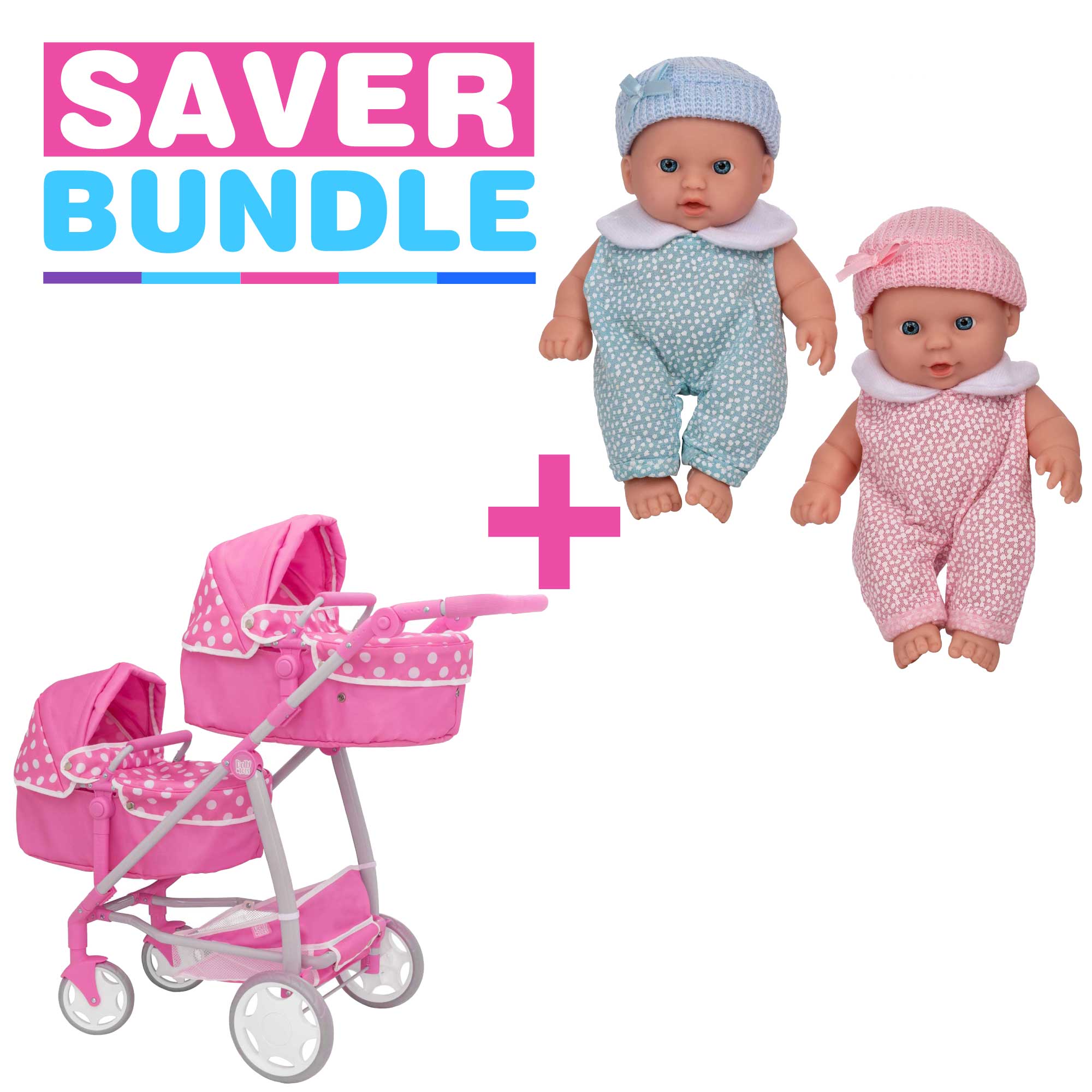 Dolly Tots Twin Dolls Pram + Babyboo Cutie Baby Dolls - Bundle Prams