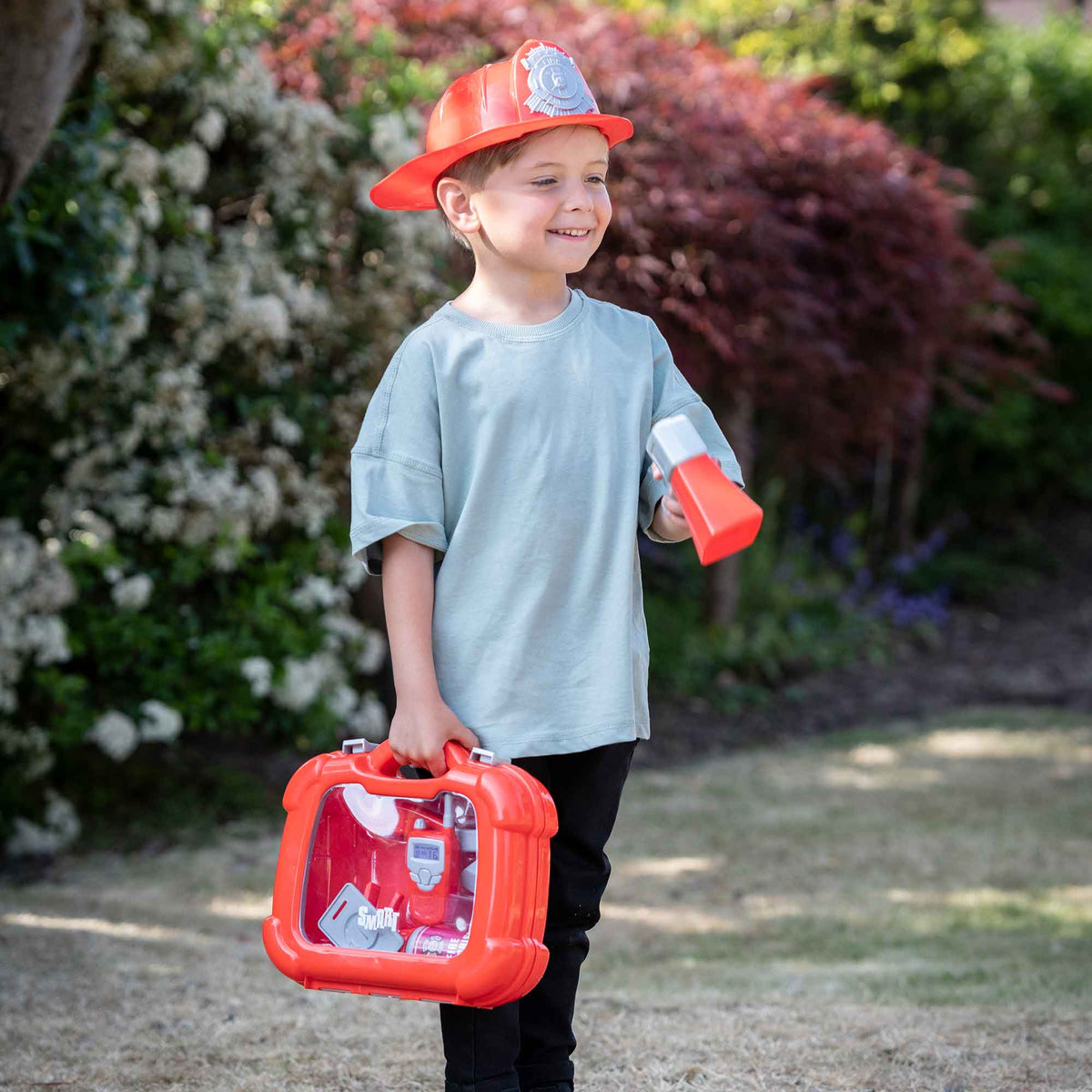 Yellow Fancy Dress Fireman Hat + Smart Fire and Rescue Playset Case Bundle