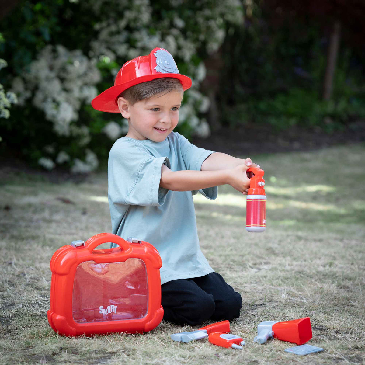 Yellow Fancy Dress Fireman Hat + Smart Fire and Rescue Playset Case Bundle