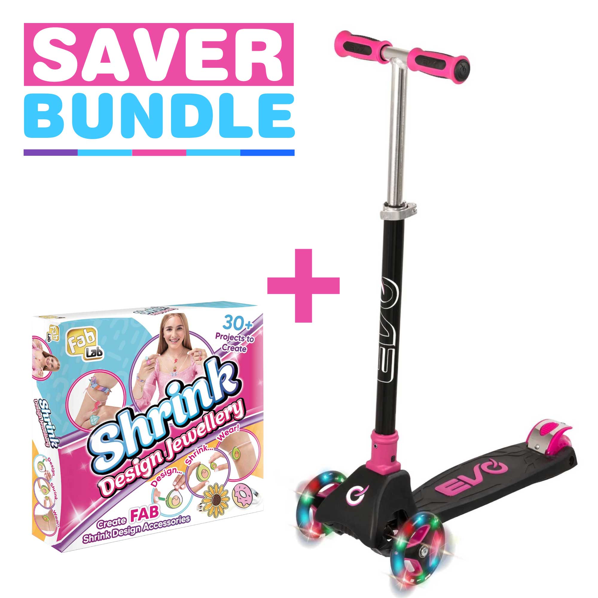 EVO Light Up Cruiser Scooter - Pink + FabLab Shrink Design Jewellery Bundle