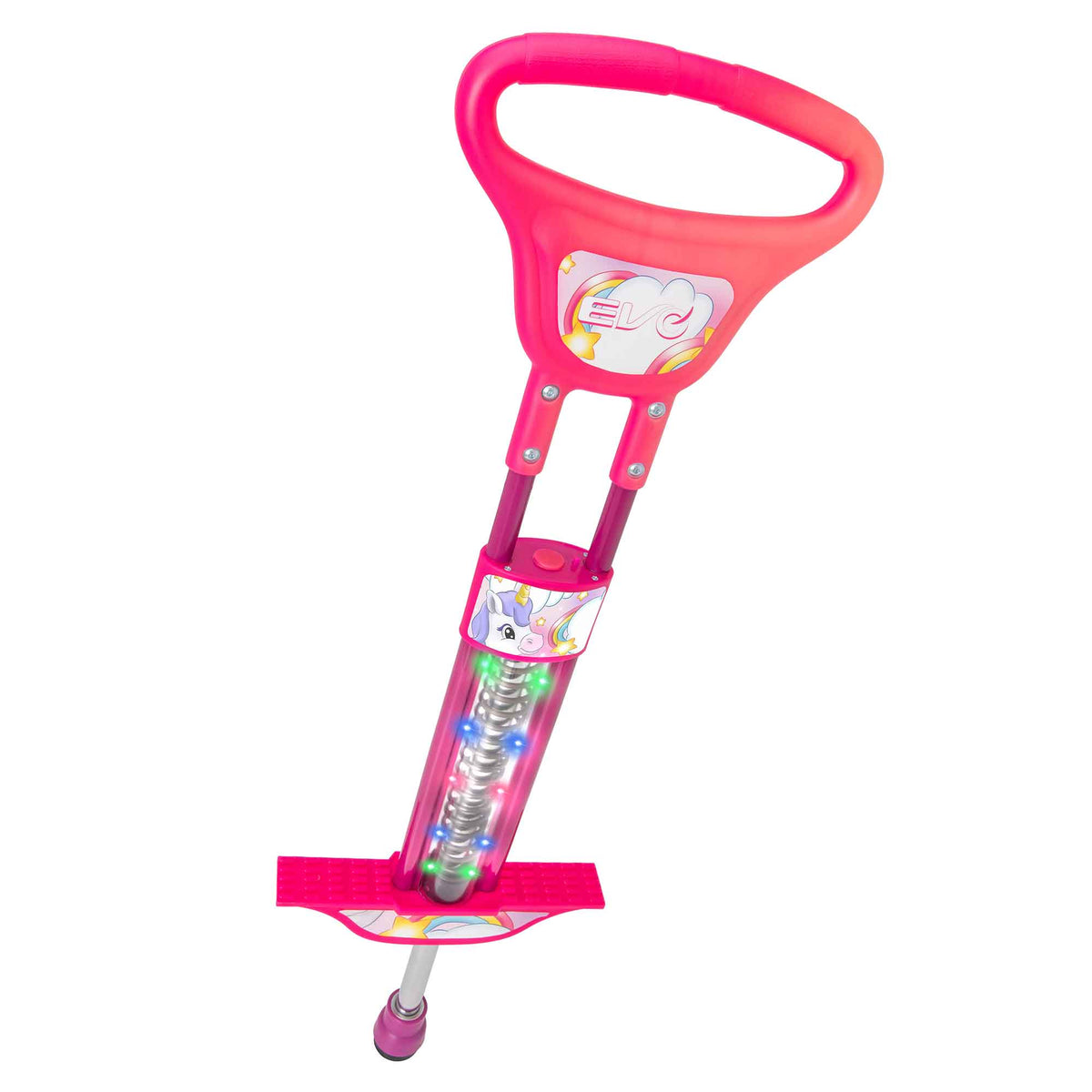 EVO Light Up Pogo Stick featuring bright colourful lights, sturdy frame, non-slip footpads, and comfortable handlebars, perfect for kids&#39; active outdoor play and exercise.