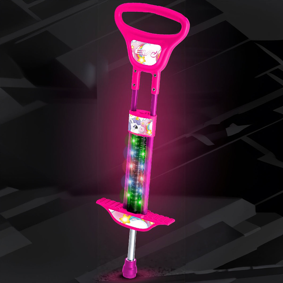 EVO Light Up Pogo Stick featuring bright colourful lights, sturdy frame, non-slip footpads, and comfortable handlebars, perfect for kids&#39; active outdoor play and exercise.