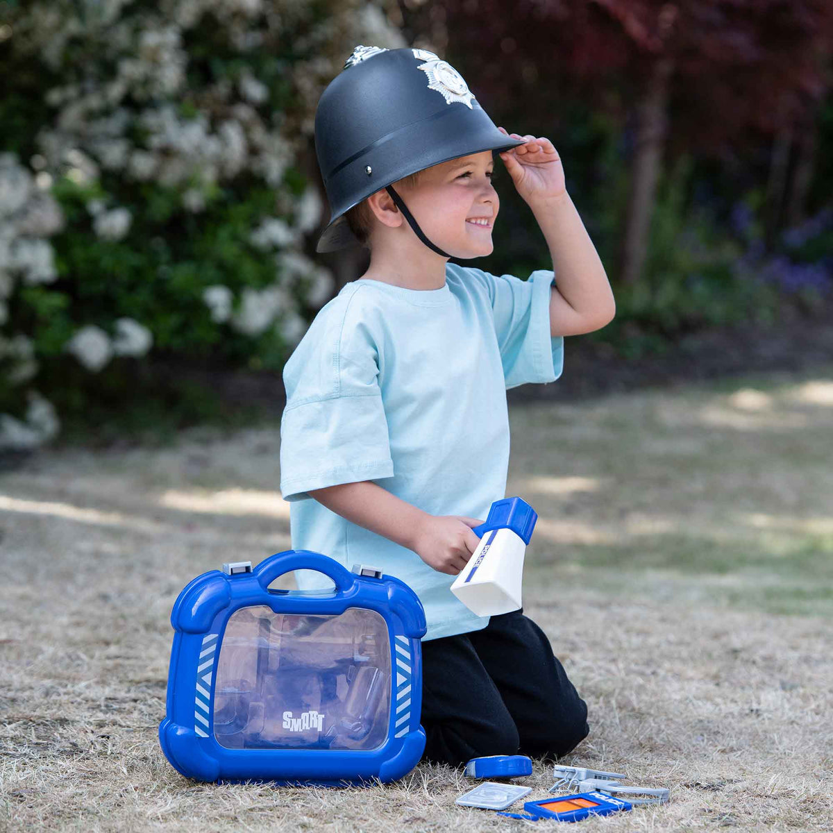 Smart Police Carry Case Playset + Kids Fancy Dress Police Helmet Bundle