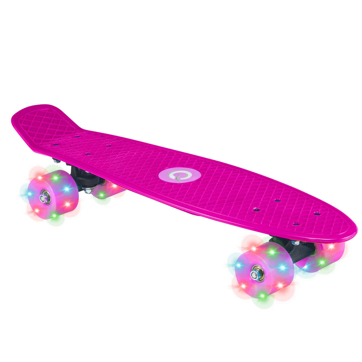 Children’s EVO 22-inch Penny Board in pink with light-up wheels, showcasing a compact design and vibrant retro style, perfect for young riders. The board features a textured grip surface and smooth, illuminated wheels that light up during movement.