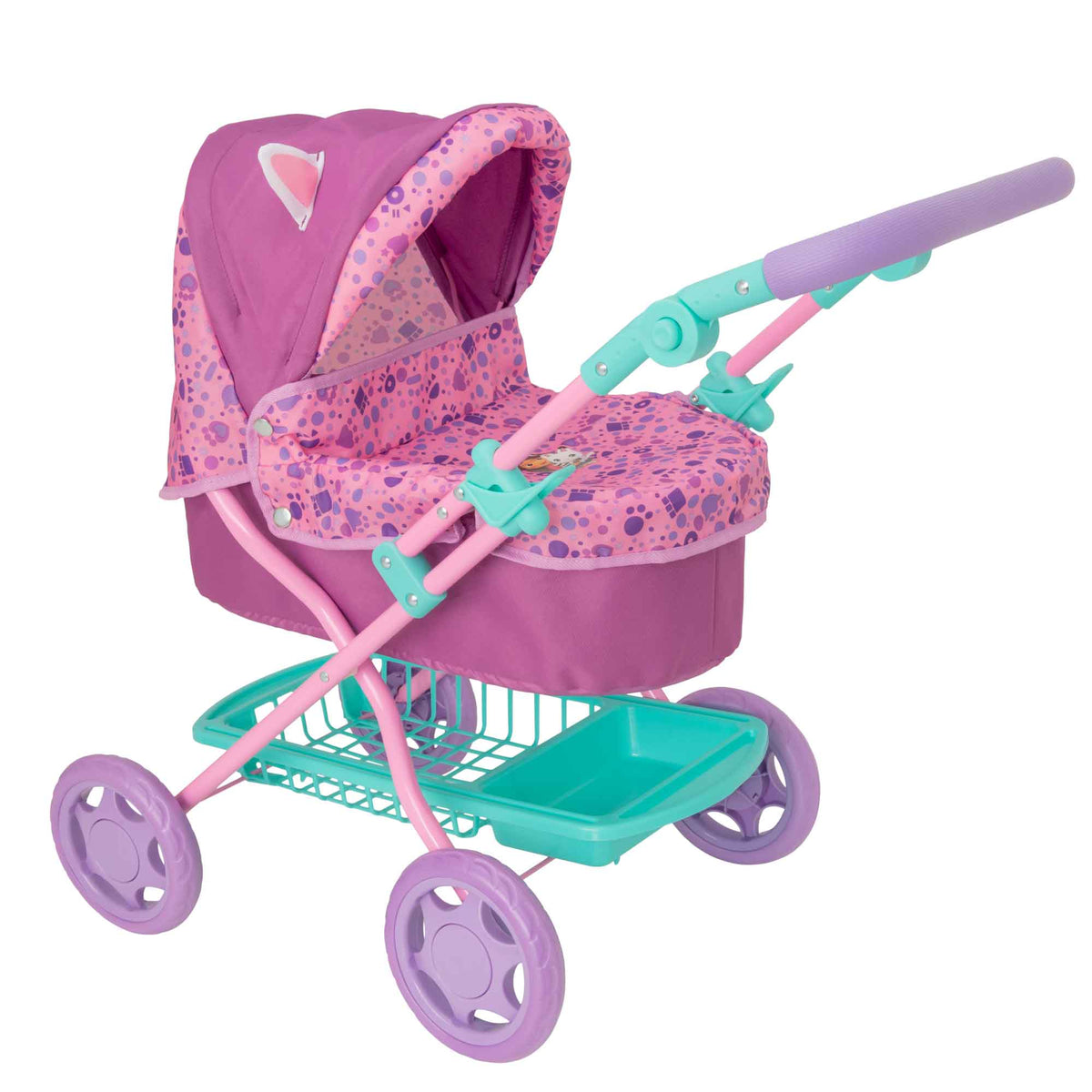 Adorable and colourful toy pram inspired by Gabby&#39;s Dollhouse, perfect for children to transport their favourite dolls and stuffed animals. Features include a sturdy frame, easy-to-push wheels, and playful designs with popular characters from the show. 