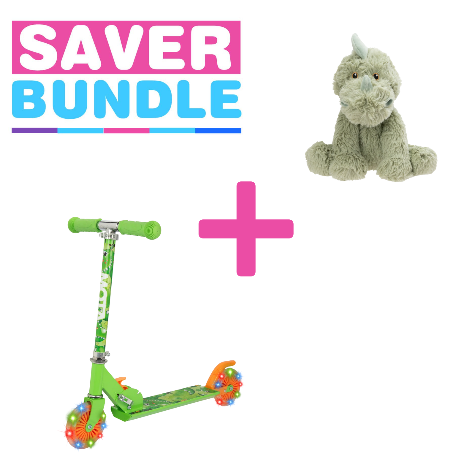 ATOM Dinosaur Light Up Scooter + Dinosaur Soft Plush Bundle