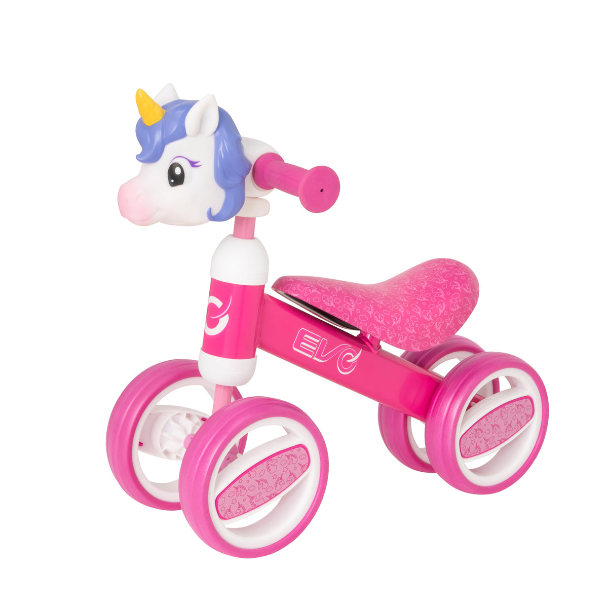 Fun and colourful EVO Character Heads Bobble Bike featuring adorable Unicorn and Dino designs for kids, perfect for teaching children balance and coordination.