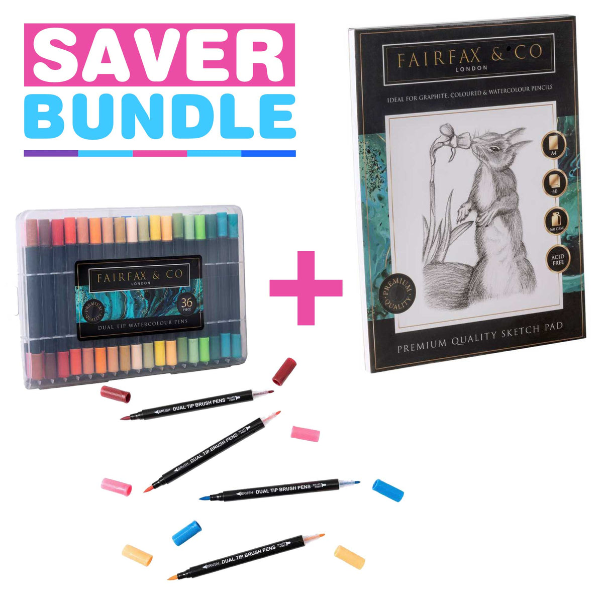 Watercolour Dual Tip Brush Pens Set of 36 + A4 40 Sheet Premium Sketch Pad Bundle Art Supplies